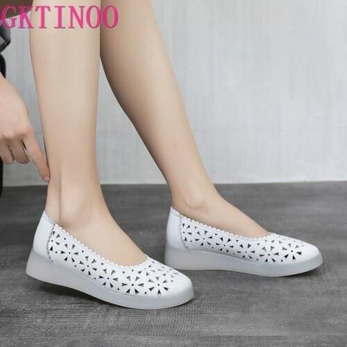 GKTINOO 2021 White Hollowed Moccasins For Women Genuine Leather Flats Breathable Loafers Shoes Womens Soft Casual Flat Shoes