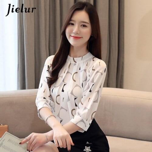 Jielur Grace Women Blouse Printed Casual Fashion Girls Simple Novelty Shirts Female Harajuku Pink White Koszula Damska 2020 New