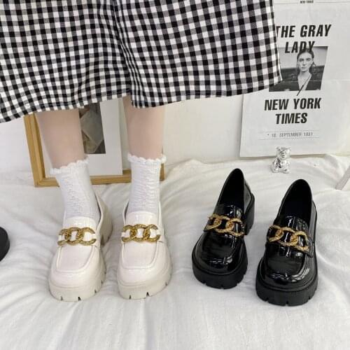 Sweet Black White Leather Mary Jane Shoes Round Toe Japanese Style metal decoration shoes 2021 Autumn Loaafers shoes black