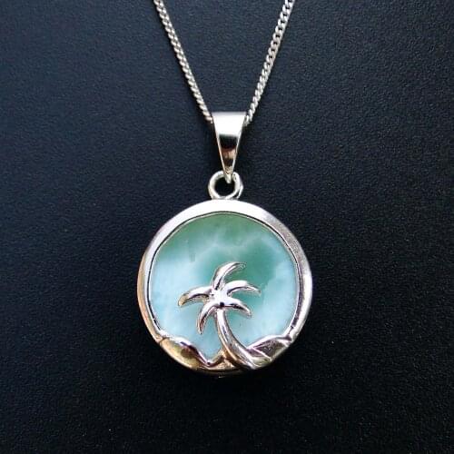 Beautiful Womens Jewelry 925 Sterling Silver Blue Natural Larimar Palm Tree Ocean Pendant Necklace For Gift
