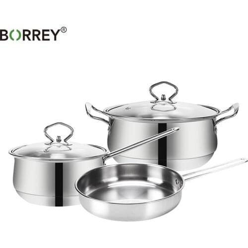 BORREY Stainless Steel Cookware Gas Stove Soup Pot Milk Pan Frying Pan 3 Sets Multifunctional Lnduction Cooker Breakfast Pot