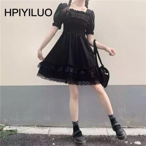 Japanese Harajuku Summer Women Black Mini Dress Square Collar High Waist Puff Sleeve Dress Gothic Lace Ruffles Cosplay Dresses