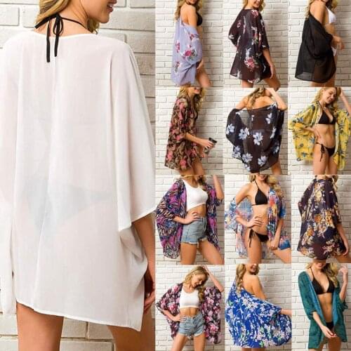 Summer Women Chiffon Floral Kimono Beach Cardigan Sheer Cover Up Swimwear Long Blouse Shirts Female Tops