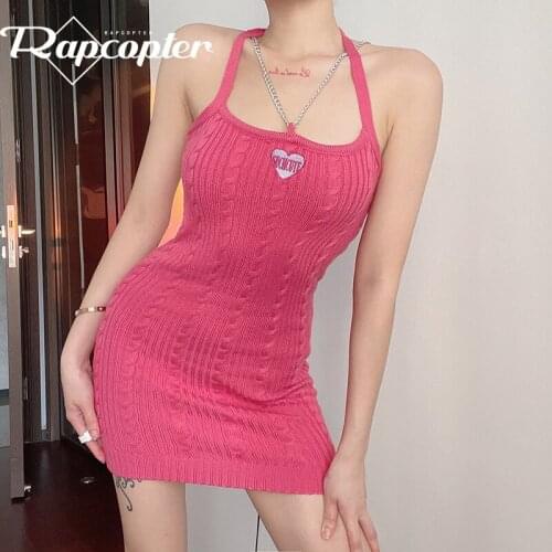 Rapcopter Y2K Letter Mini Dress 90s Knitted Dress Chain Patched Sundress Backless Tie Up Halter Dress Women Trendy Streetwear