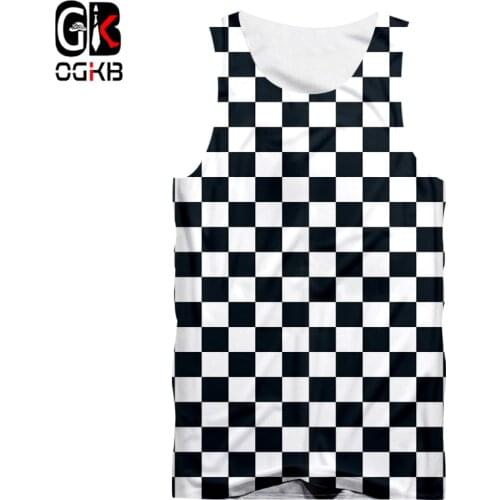 OGKB New Harajuku Mens Casual Tank Top Cool Print Black White Grid 3D Vest Singlets Mans Fit Slim Sleeveless Tee Shirts 5XL