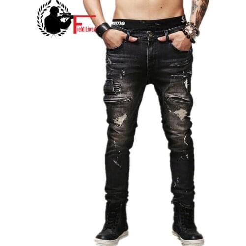 Mens Ripped Biker Jeans Black Slim Fit Motorcycle Jeans Men Vintage Distressed Denim Jeans Pants
