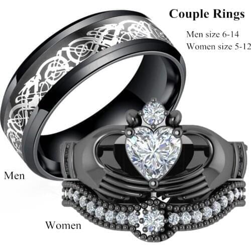 Fashion Couple Ring Mens Stainless Steel Dragon Ring and Womens Black Zirconia Womens Ring Heart Shaped Bride Wedding Ring Set