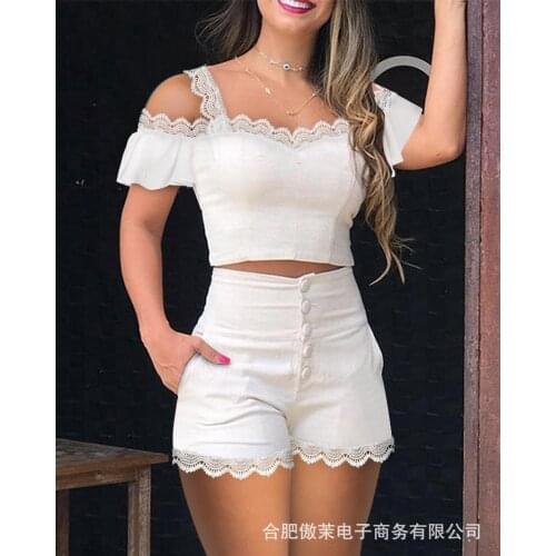 2021 new womens one-shoulder stitching lace suit