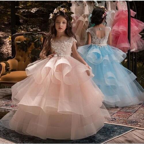 New Appliques Flower Girls Dresses For Weddings Lace Belt Ball Gown Birthday Children Girl Pageant Gown First Communion Dress