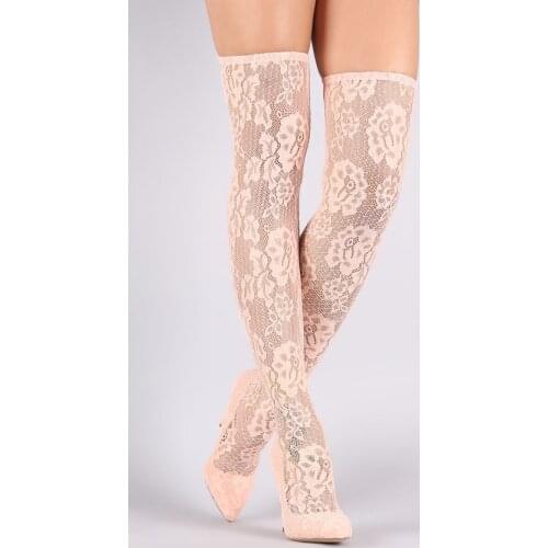 Sexy Pink Red Flower Lace Sock Boots Woman Stiletto Heels Lace Thigh Boots Woman Pointed Toe Fashion Over The Knee Stretch Botas