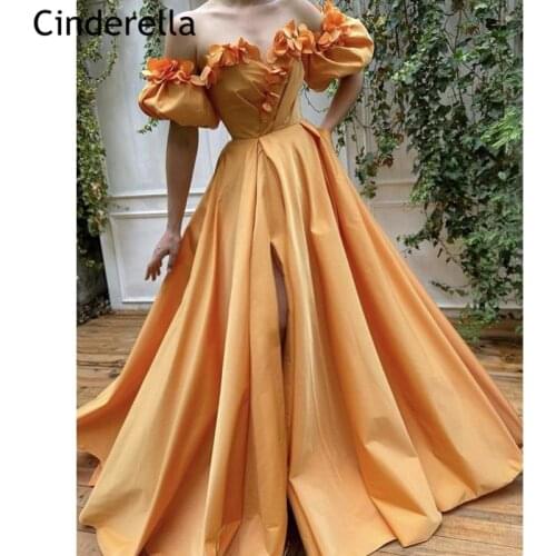 Fantastic Prom Dresses Off The Shoulder Satin Sweep Train A-Line Side Slit Long Prom Dresses vestidos de fiesta de noche