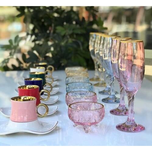 Luxury 2021 Porcelain Coffee Set Colored Glass 24 Piece Turkish Delight Holder Colored Glass Goblet Kitchen Accessories