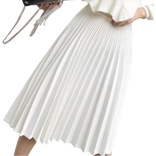 2020 Spring Elegant Pleated Waist White Long Female Ladies High Quality Women Midi Skirt Black Saia