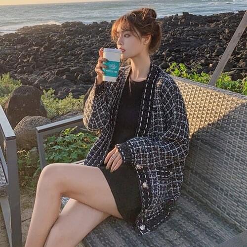 Plaid knitted cardigan enteritos largos de mujer elegantes sweater v neck chic korean style women oversized autumn lazy oaf pull