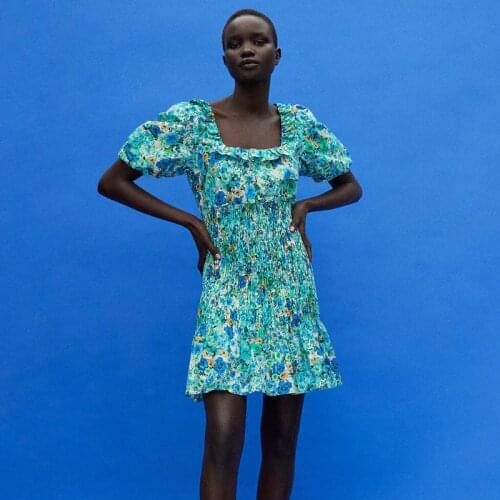 2021 Summer Autumn Holiday Green Floral Print Beach Vocation Ladies Mini Dress