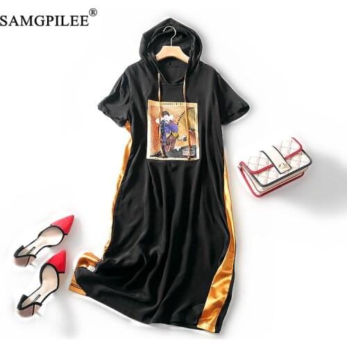 Plus Size Dress Women Summer Casual Dresses Office Lady Dress For Women A-line Print Short Sleeve Mid-calf Hooded Womens Dresses