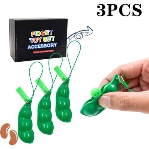 3Pcs Fidget Toys Decompression Edamame Toys Squeeze Peas Beans Key Chain Cute Stress Adult Toy Rubber Boys Gift