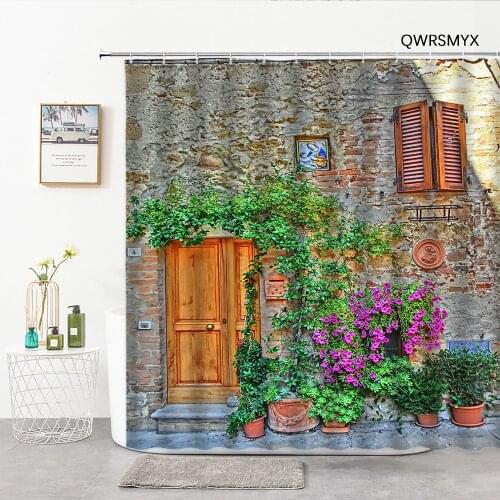3D Stone Wall Wooden Door Green Plants Bath Curtain Landscape Shower Curtains Washable Fabric Home Decor Wall Bathroom Products