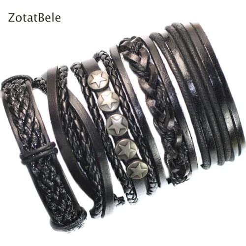 2019 5Pcs Handmade Mens And Women Bracelets Wrap Multilayer Alloy Leather Bracelet With Braided Rope Fashion Jewelry F38