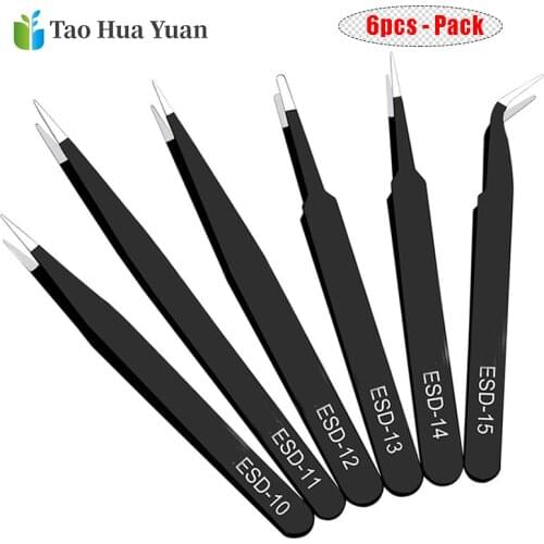 6Pcs Anti-static ESD Stainless Steel Tweezers Maintenance Tools Industrial Precision Curved Straight Tweezers Repair Tools Set A