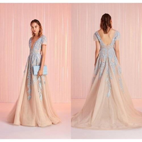 Elegant Lace Evening Dresses Sexy Deep V Neck Appliques Prom Gowns 2020 Custom Made Open Back Sweep Train Special Occasion Dress