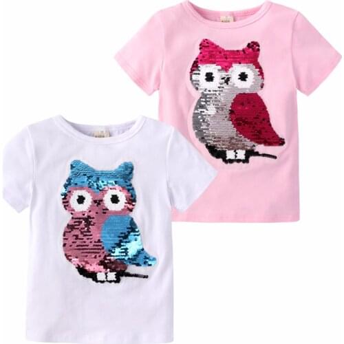 Changing Color owl Pattern Switchable Sequins girls TShirts Kid Fashion o-neck T Shirt Children Top Summer cotton Tee SC221