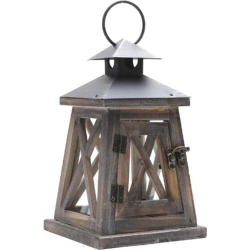 Hot XD-Rustic Wooden Decorative Candle Lantern Vintage Hanging Candle Holder for Indoor Outdoor Rustic Vintage Wrought Iron Wood