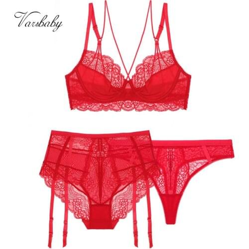 Varsbaby women sexy thin unlined 3/4 cup underwear floral lace 3 pcs bras+high-waist panties+thongs