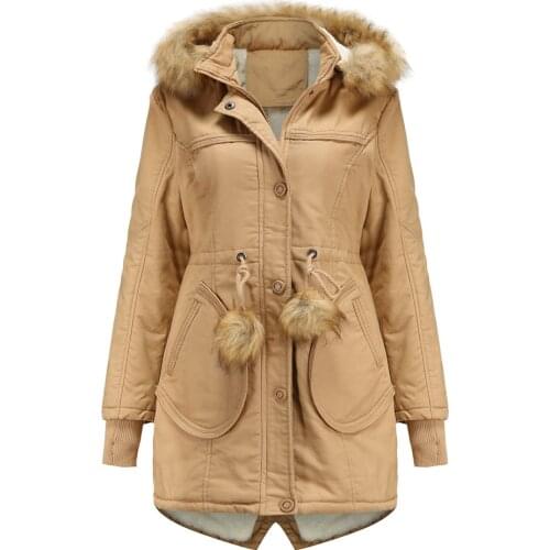 New Womens Winter Cotton Padded Coat Warm Outdoor Windproof Jacket Faux Fur Hood Coats Classic Mid-Length Parka Jacket