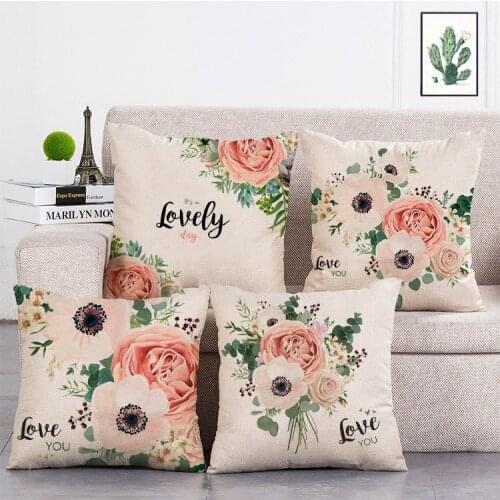 Love you fresh white pink flowers Printed Cushion Cover Linen Throw Pillow Car Home Decoration Decorative Pillowcase T465