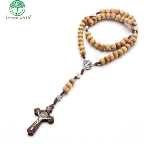 Fashion Handmade Round Bead Catholic Rosary Cross Religious Wood Beads Men Necklace Charm Gift