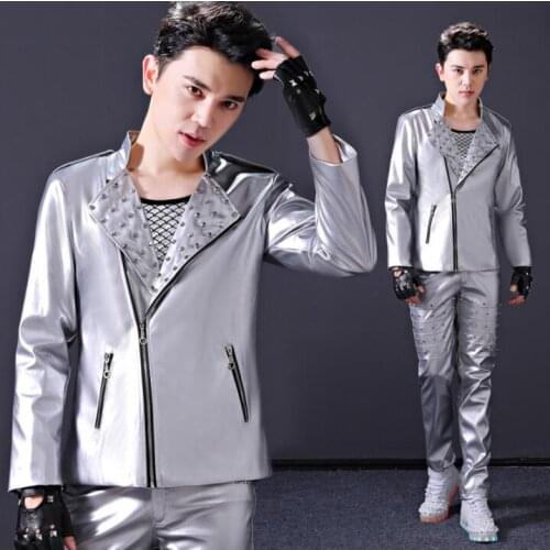 Mens leather jacket slim motorcycle coat jackets oblique zipper clothes personalized stage street dance rock fashion singer