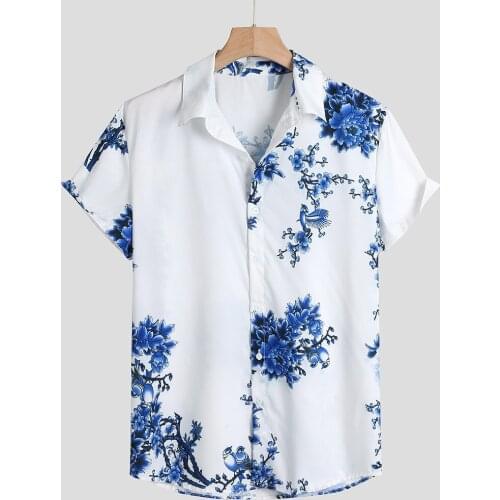 Mens lapel printed shirt summer casual loose chest printed short sleeve single-breasted lapel round hem shirt футболка 40