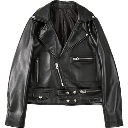 Genuine Leather 2021 Spring New Street Leather Womens Sheepskin Short Personality Zipper Motorcycle Leather Jacket