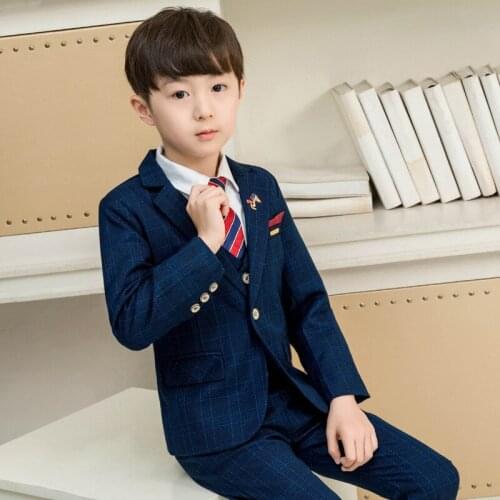 New Baby Boy 3 Piece Pant Jacket and The Vest Clothing Sets Kids Plaid Wedding Blazer Suit Brand Flower Boys Formal Blazer Suits