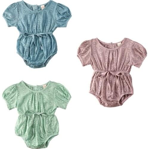 2020 Newly Summer Sweet Infant Baby Girls Bodysuits Lace Flowers Short Sleeve Solid Jumpsuits 3 Colors 0-24M