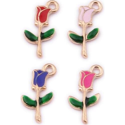 Wholesale 100pcs 19*10MM Enamel Rose Flower Charms Gold Tone Drop Oil Metal Alloy Floating Pendant Fit Ornament Earring Keyrings
