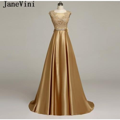 JaneVini Vestidos Gold Evening Dress 2018 A Line Lace Appliques Big Bow Back Beaded Satin Mother of The Bride Dresses Plus Size