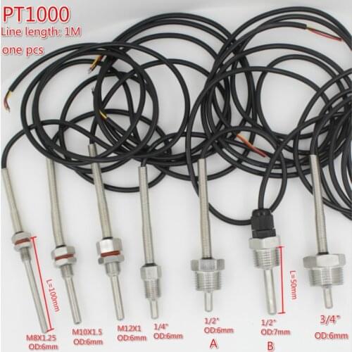 PT1000 SUS304 Temperature Sensor G1/2 1/4 3/4 M8X1.25 M10X1.5 M12X1 Thread Probe 1m PVC 3-core Wire Stainless Steell