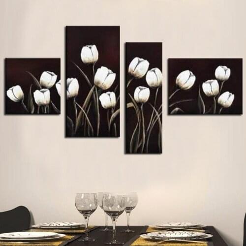 Hand-painted Landscape Modern Oil Painting On Canvas Wall Art Pure White Tulip Home Decoration Abstract 4pcs/set Pictures