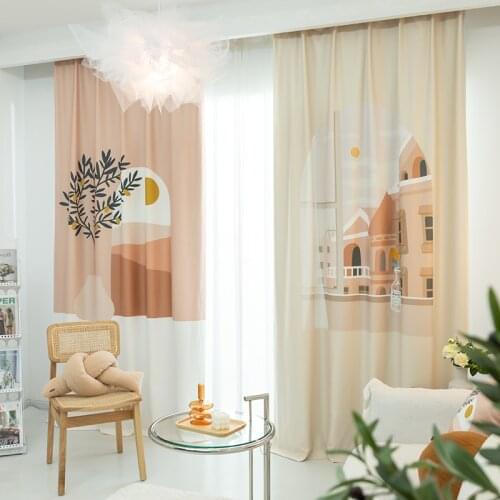 2021 Nordic Semi Blackout Curtains for Living Room Bedroom Window Curtain Geometry Plants Printed Drapes Warm Color Blinds