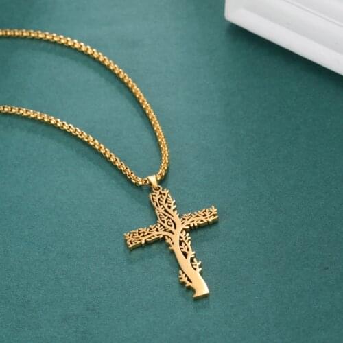 Skyrim Tree of Life Cross Necklace for Men Stainless Steel Gold Color Viking Jewelry Chain Necklaces Religious 2021 Wholesale