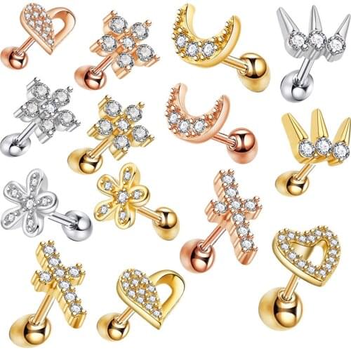 TIANCIFBYJS 1pcs Stainless 16G CZ Gem Moon Heart Ear Studs Piercing Ring Crystal Flower Ear Cartilage Tragus Helix Body Jewelry