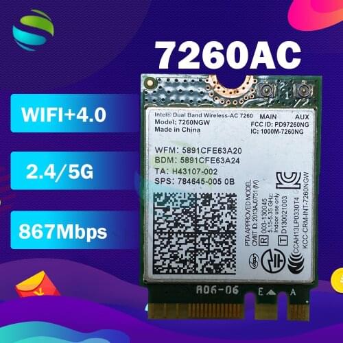 Wifi Card For Intel Dual Band Wireless-AC 7260NGW 7260NGWAC 7260AC NGFF 867Mbps BT4.0 Wlan Card for HP 810 G2 ZBOOK 15 G2 9480M