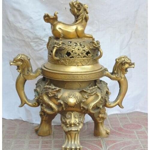Xd 001561 19"China fengshui bronze foo dog lion beast dragon statue incense burner Censer
