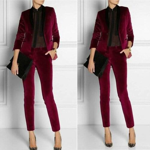 Velvet Peak Lapel Burgundy Women Suit 2 PCs Business Pantsuits Office Formal Ladies Work Wear Blazer Outfit Pantsuit Custom Made