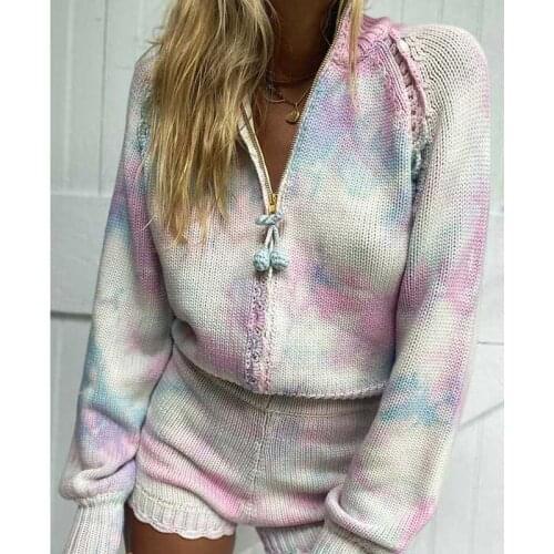 BOHO INSPIRED tie-dyed cotton cardigan women ribbed collar long sleeve zipper with pom pom chic knit cardigan coat winter new