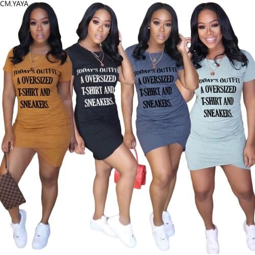 CM.YAYA Women letter print o-neck short sleeve stacked irregular mini bodycon dress fashion streetwear tee dresses