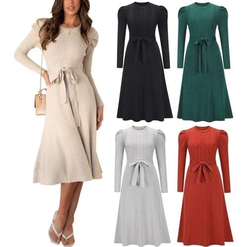 Hirigin Fashion Womens Ribbing Knit Midi Corset Dress Sexy Long Puff Sleeve Round Neck Solid Color Tie Back Dress For Fall