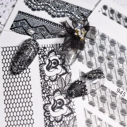 1 Sheet Japanese Foil Nail Art Sticker Black White Lace Luxury Waterproof Self-Adhesive Polish Tips UV Gel Nail Sticker Wraps